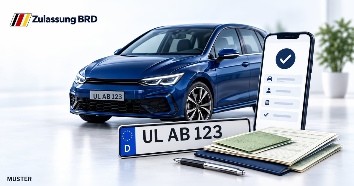 Online Fahrzeugzulassung in Erbach: Musterkennzeichen UL AB 123, Auto und Fahrzeugpapiere und Smartphone. Illustration mit Logo von Zulassung BRD.